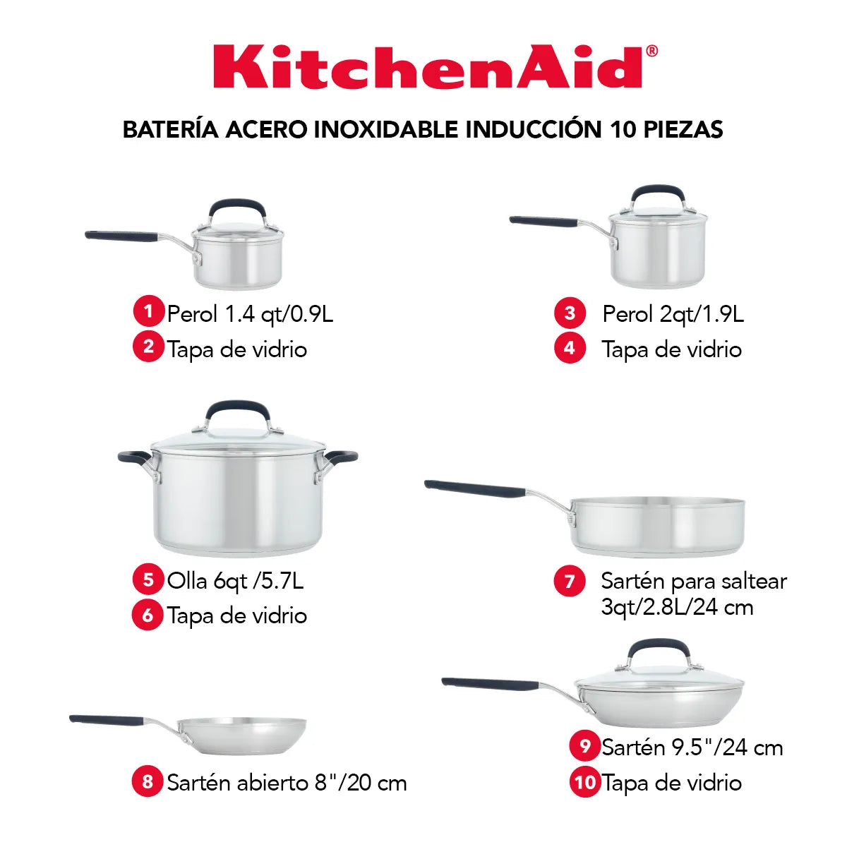Batería 10Pzs, acero inoxidable, placa de inducción, KitchenAid.