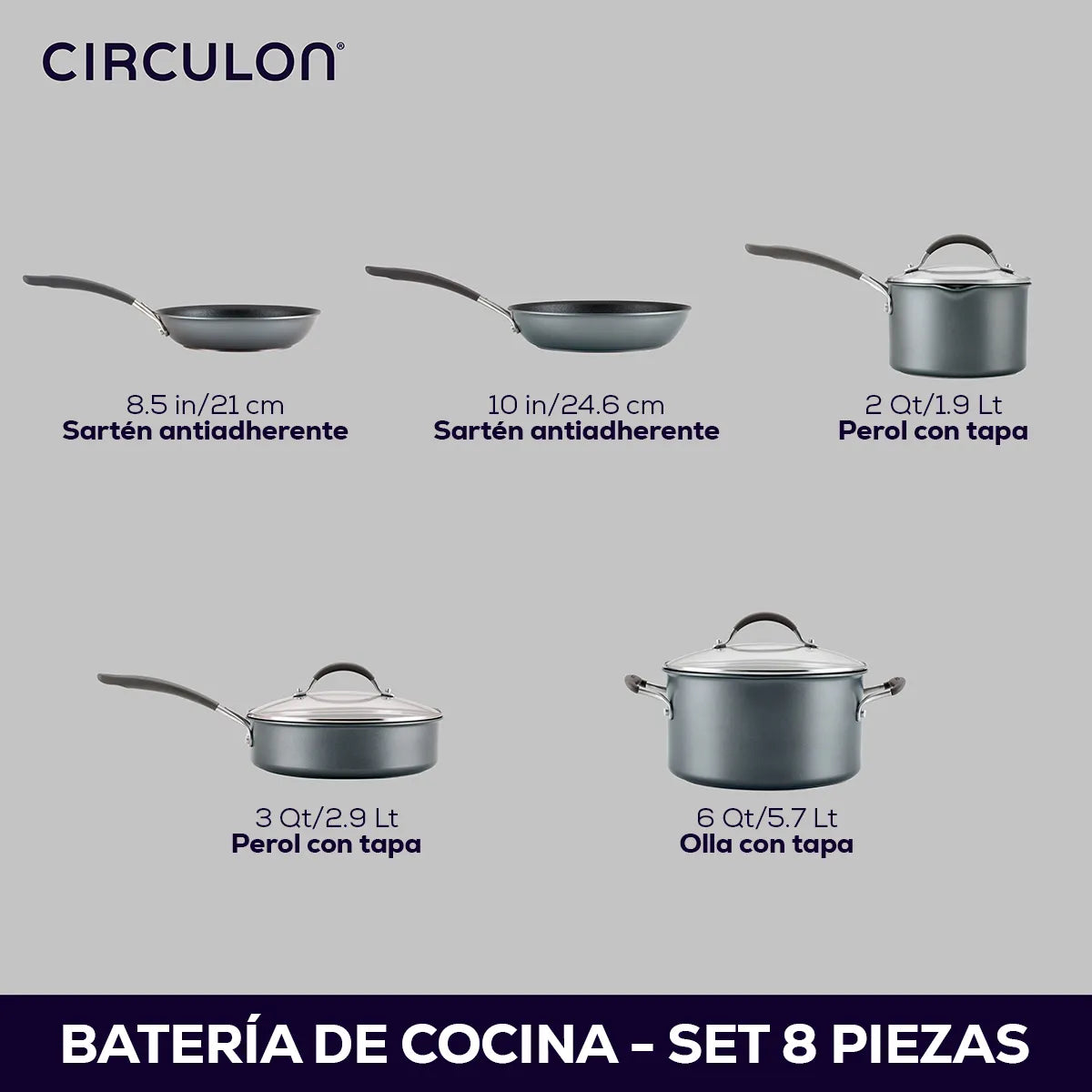 Bateria de cocina 8Pzs antiadherente, placa de inducción, Circulon, gris grafito
