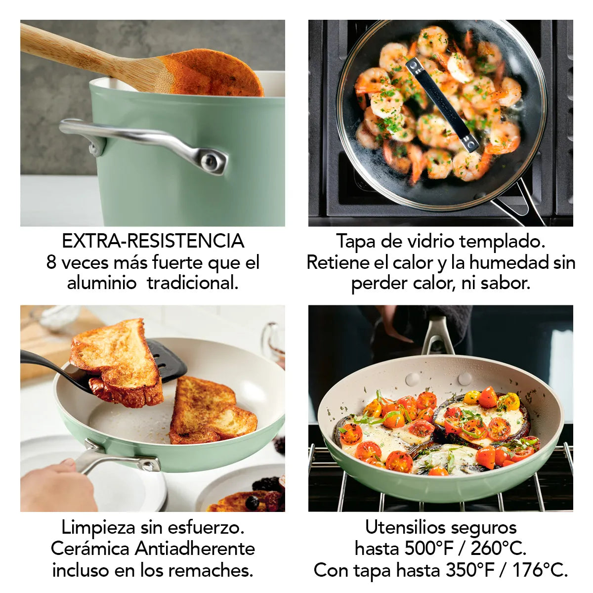 Batería 10P Antiadherente Cerámico KitchenAid Anodizado Verde Pistacho