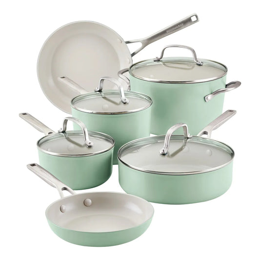 Batería 10P Antiadherente Cerámico KitchenAid Anodizado Verde Pistacho